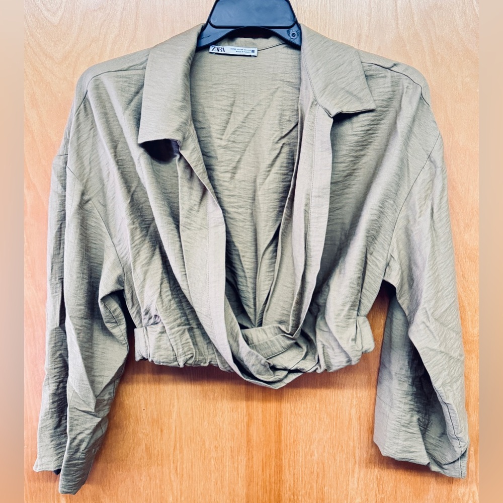 ZARA V-Neck Front Tie Cropped Top Long Sleeve